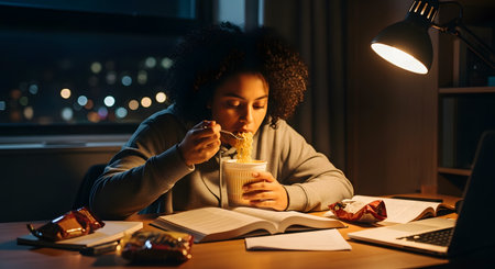 A young woman with curly hair studies late at night, eating instant noodles from a cup. She is sitting at a desk with an open book, a laptop, and snack wrappers, illuminated by a desk lamp. Outside the window, city lights are blurred in the darkness.の素材