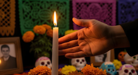 A hand is held near the flame of a tall white candle on a traditional Dia de los Muertos (Day of the Dead) ofrenda. The altar is decorated with marigold flowers, sugar skulls, framed photos, and colorful 'papel picado' banners in the background.の素材