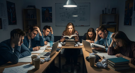 A group of stressed university students studies late at night around a table in a dimly lit room. They are surrounded by laptops, books, crumpled paper, and coffee cups, looking tired and overwhelmed while preparing for exams. A whiteboard with formulas is in the background.の素材