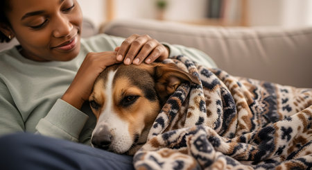 A woman gently pets her dog, which is lying on her lap on a sofa, snuggled under a cozy blanket. The dog, a brown and white mix, looks calm and content as its owner shows affection. The scene is warm, loving, and domestic.の素材