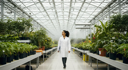A female scientist in a white lab coat walks down the central aisle of a large, modern greenhouse. She is holding a tablet or clipboard and observing rows of plants on benches. The glass and metal structure is bright and filled with greenery, representing research in botany, agriculture, or biotechnology.の素材