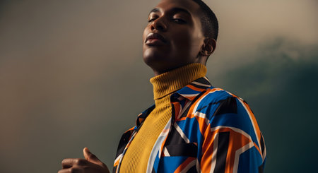 A low-angle studio portrait of a stylish Black man looking confidently at the camera with his chin up. He is wearing a yellow turtleneck under a vibrant, abstract-patterned blue, orange, and white shirt, against a moody, gray-sky background.の素材