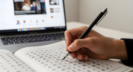 A close-up of a person's hand holding a pen and meticulously practicing writing Chinese characters in a workbook. In the background, a laptop is open, displaying an online video lesson, indicating remote learning or language self-study.の素材