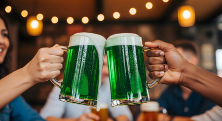 A close-up of two hands, one with light skin and one with dark skin, clinking together two large glass mugs filled with foaming green beer. The scene is set in a bar with blurred lights, celebrating St. Patrick's Day.の素材