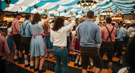 A view from behind of a crowd of people celebrating in a large beer tent, likely at Oktoberfest. People are standing on wooden benches, raising their arms, and wearing traditional Bavarian clothing like lederhosen and dirndls. The tent is decorated with blue and white drapes.の素材