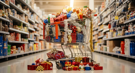 A shopping cart in a grocery store aisle is overflowing with wrapped Christmas gifts and presents. More gifts are piled on the floor around the cart, symbolizing holiday shopping, consumerism, and the stress or joy of gift-giving.の素材