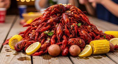 A large pile of freshly boiled red crawfish is heaped on a rustic wooden picnic table outdoors. The crawfish boil is served with corn on the cob, new potatoes, and lemon slices, typical of a Louisiana-style seafood feast.の素材