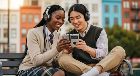 A smiling, diverse pair of students, a Black woman and an Asian man, sit on a bench outdoors sharing music. They both wear headphones, looking at a smartphone and a portable music player, with colorful city buildings in the background.の素材