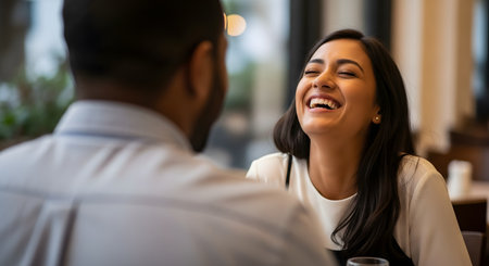 A beautiful woman with long dark hair bursts into genuine, happy laughter during a conversation. The over-the-shoulder view shows she is with a man, likely on a date or in a meeting, in a warmly lit restaurant.の素材