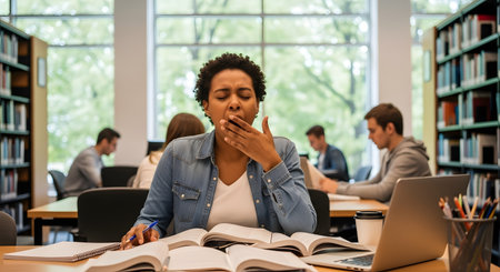 A tired female student with curly hair yawns, covering her mouth, while studying in a university library. She is surrounded by open books, a laptop, and a coffee cup, indicating a long study session. Other students are visible in the background, blurred.の素材