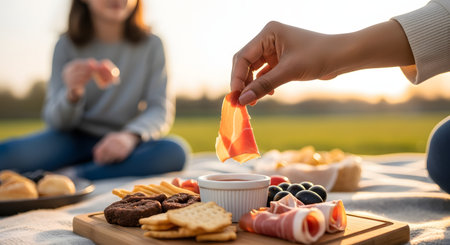 A close-up of a hand lifting a slice of prosciutto from a wooden charcuterie board during an outdoor picnic. The board is laden with crackers, cured meats, olives, and dip. In the background, a friend is blurred, sitting on a blanket in a grassy field at sunset.の素材