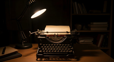A vintage black typewriter with a piece of paper sits on a wooden desk, illuminated by the focused light of a desk lamp in a dark room. Notebooks lie to the side and a bookshelf is blurred in the background, creating a moody, noir, or classic writer's atmosphere.の素材