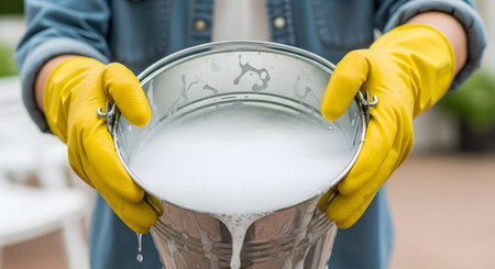 A close-up shot of a person wearing bright yellow rubber gloves and a denim shirt, holding a metal bucket filled with frothy, soapy water. Suds are overflowing the rim, and a drop of water falls from the handle, indicating readiness for cleaning chores.の素材