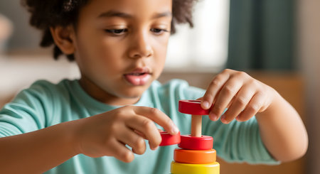 A close-up shot of a young toddler boy with curly hair, concentrating intently as he plays with a colorful wooden stacking ring toy. His hands are carefully placing a red ring onto the peg. This image represents childhood, learning, development, and motor skills.の素材