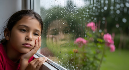 A sad, bored young girl rests her chin on her hand, looking forlornly out a window covered in raindrops. Her reflection is visible in the glass, and pink flowers are blurred in the garden outside, conveying a sense of loneliness and melancholy.の素材