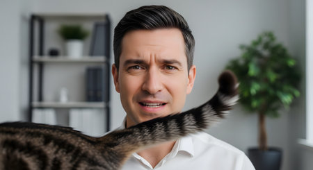 A humorous portrait of a man with a confused expression on a video call, as his tabby cat's tail blocks part of his face. The cat is walking past the camera, illustrating a common funny interruption while working from home.の素材