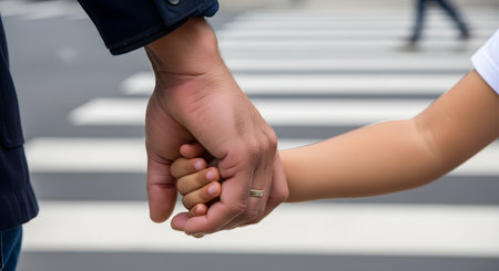 A close-up shot of a father's hand securely holding his small child's hand. They are standing in front of a blurred crosswalk, symbolizing safety, guidance, family bonds, and trust. The father wears a ring on his finger.の素材