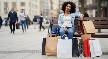 A young Black woman rests on a city bench, looking relaxed with her eyes closed, surrounded by numerous shopping bags. She appears tired but satisfied after a day of shopping in a busy urban area with pedestrians in the background.の素材