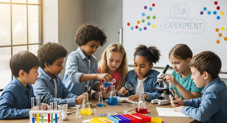 A diverse group of elementary school students works together around a table in a bright classroom for a science experiment. They are using beakers, test tubes, and a microscope, with a whiteboard in the background that says 'Our Experiment.' The children look engaged and curious, representing teamwork, STEM education, and multicultural learning.の素材