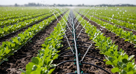 A close-up view of a drip irrigation system watering rows of young, green lettuce plants in a large agricultural field. Water is efficiently sprayed from the tubes directly onto the soil, showcasing modern farming and water conservation.の素材