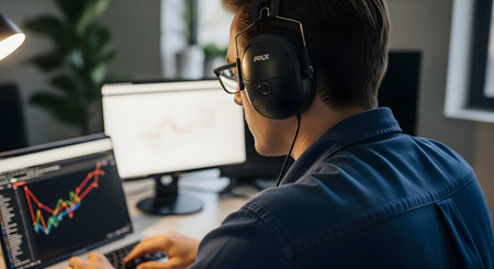 An over-the-shoulder view of a young man wearing headphones, intently analyzing stock market charts on two computer screens. He is focused on the data and graphs, representing day trading, financial analysis, or working from home.の素材
