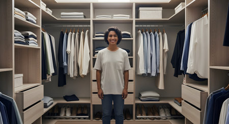 A person with curly hair smiles while standing in the center of a large,perfectly organized walk-in closet. The closet is filled with neatly hung shirts,folded clothes,and shoes,all arranged by color and style.の素材