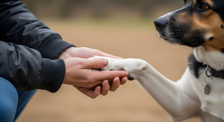 A close-up shot shows a person's hands gently holding the paw of a tri-color dog. This gesture of 'shaking hands' symbolizes the bond, trust, and friendship between a human and their animal companion. The background is a soft, blurred outdoor setting.の素材