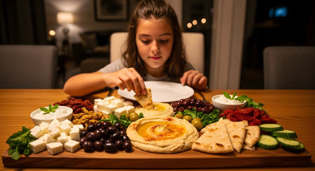 A young girl sits at a wooden table, dipping a piece of pita bread into a large, colorful Mediterranean mezze platter. The board is filled with hummus, olives, feta cheese, sun-dried tomatoes, cucumber, and fresh mint, representing healthy family eating.の素材