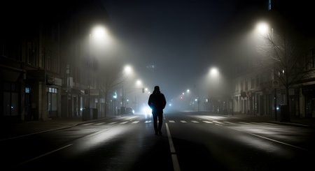 A silhouette of a person in a hoodie walks down the middle of an empty, foggy city street at night. The street is illuminated by bright streetlights, which create a hazy, atmospheric glow in the mist.の素材