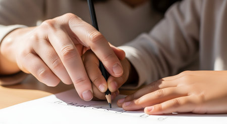 A close-up shot of an adult's hand gently guiding a child's hand as they practice writing the alphabet on a piece of paper. The adult is holding a pencil with the child, demonstrating support and learning.の素材