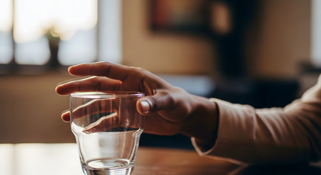 A close-up shot of a person's hand reaching for or holding an empty drinking glass on a wooden table. The indoor setting is softly lit, conveying a sense of thirst, waiting, or finishing a drink.の素材