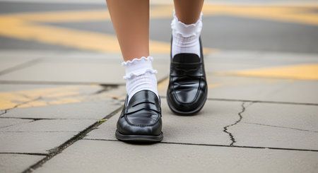 A low-angle, close-up shot of a person's feet walking on a cracked sidewalk. They are wearing classic black penny loafers and white frilly ankle socks, with a yellow line blurred in the background.の素材