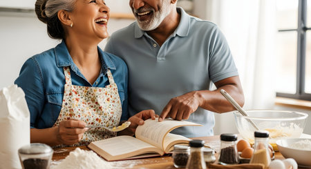 A happy senior couple laughs while baking together in their kitchen. The woman, wearing a floral apron, holds a spoon, and the man points to a recipe in an open cookbook. The counter is covered with baking ingredients like flour and eggs.の素材