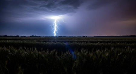 A powerful, bright lightning bolt strikes down from a dark, stormy sky over a vast field of wheat or barley at night. The dramatic scene highlights the power of nature and severe weather.の素材