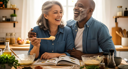 A joyous senior interracial couple laughs while cooking or baking together in a bright kitchen. The woman holds a wooden spoon, and the man, with flour on his cheek, has his arm around her. An open cookbook lies on the counter in front of them, along with mixing bowls.の素材