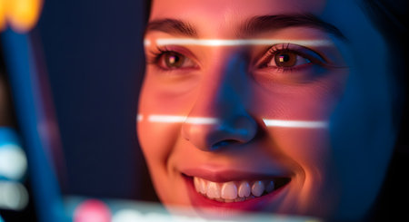 A futuristic close-up of a smiling woman's face undergoing a facial recognition scan. Bright lines of light scan across her eyes and nose, representing biometric identification, security, and technology.の素材