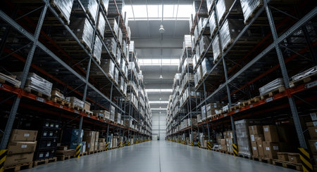 A low-angle, symmetrical view down the aisle of a massive, well-organized warehouse. Tall metal shelves on both sides are stacked high with boxes, pallets, and inventory. The industrial space is clean and brightly lit, representing logistics and supply chain.の素材