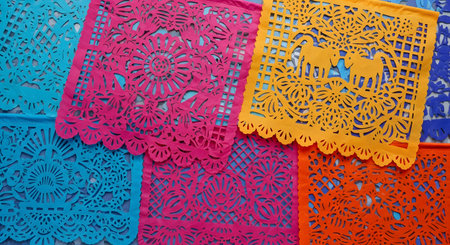A colorful flat lay of traditional Mexican 'papel picado' (perforated paper) banners. The intricate, cut-out tissue paper designs in pink, blue, yellow, and orange are layered on top of each other, celebrating a festive event.の素材