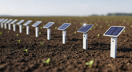 A long row of modern, solar-powered IoT sensors are staked into the rich, dark soil of a farm field, monitoring young green seedlings. This image represents smart agriculture, agritech, and sustainable farming technology.の素材