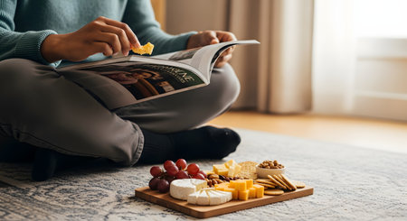 A person sits cross-legged on a floor rug, reading a magazine and eating from a cheese board. The board contains various cheeses, grapes, crackers, and nuts, creating a cozy, relaxing scene at home.の素材