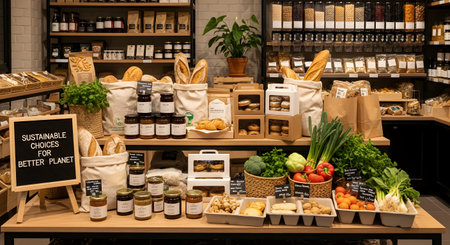A display in a sustainable, zero-waste grocery store or bakery. The counter features fresh bread, pastries, jars of jam, fresh vegetables, and bulk food dispensers, with a sign that reads 'Sustainable Choices for Better Planet'.の素材