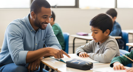 A friendly, smiling Black male teacher leans over to help a young Indian boy at his desk in a bright, modern classroom. The teacher is pointing to something in the student's open textbook, providing one-on-one support and guidance during class.の素材