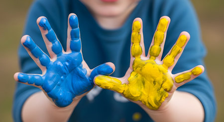 A close-up of a child's hands held up, covered in wet blue and yellow paint, with one hand blue and the other yellow. This image symbolizes the flag of Ukraine, support, peace, and childhood creativity.の素材