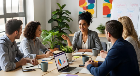 A diverse group of business professionals sits around a conference table in a modern office, engaged in a positive meeting. A Black woman appears to be leading the discussion, smiling, while her colleagues listen attentively. A laptop with charts is visible on the table.の素材