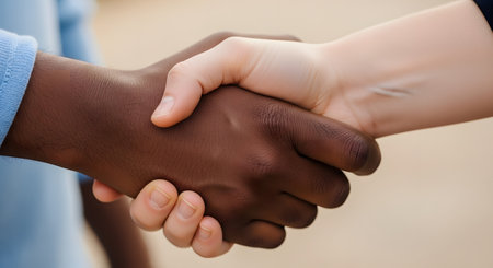 A close-up of an interracial handshake between a person with dark skin and a person with light skin. The firm handshake signifies agreement, unity, partnership, or greeting.の素材