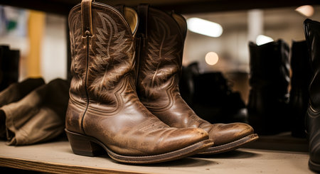 A close-up shot of a pair of well-worn, brown leather cowboy boots resting on a wooden shelf. The boots show signs of wear and tear, and the background is a blurred-out store or closet.の素材