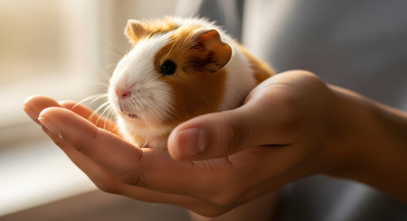 A close-up of a person's hands gently cupping a small, cute baby guinea pig. The guinea pig is white and brown and is looking forward, held securely in a warmly lit, indoor setting.の素材
