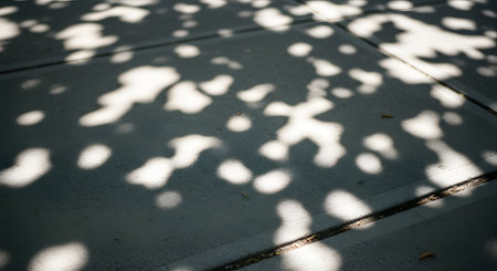 An abstract high-contrast photo of dappled sunlight filtering through tree leaves, casting soft, blurred shadows on a grey pavement sidewalk. The pattern of light and dark creates a peaceful, natural texture.の素材