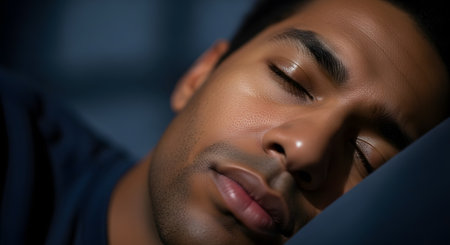 A close-up macro shot of a young Black man's face sleeping peacefully. His eyes are closed, and his face is relaxed, resting on a dark pillow in a low-light environment, suggesting deep sleep or rest.の素材