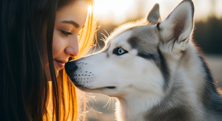 A close-up, intimate portrait of a young woman with long hair and a Siberian husky dog. They are touching noses, or nuzzling, in a field during a golden sunset, which backlights them and highlights their strong bond and affection.の素材